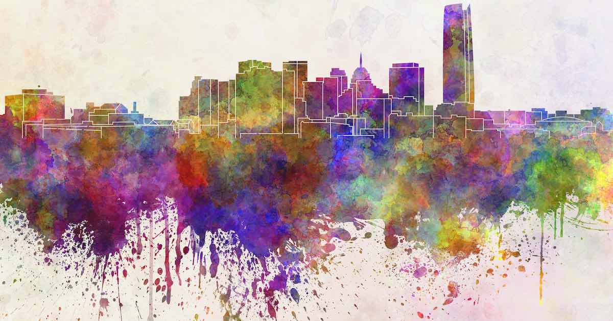 Oklahoma City skyline in watercolor background