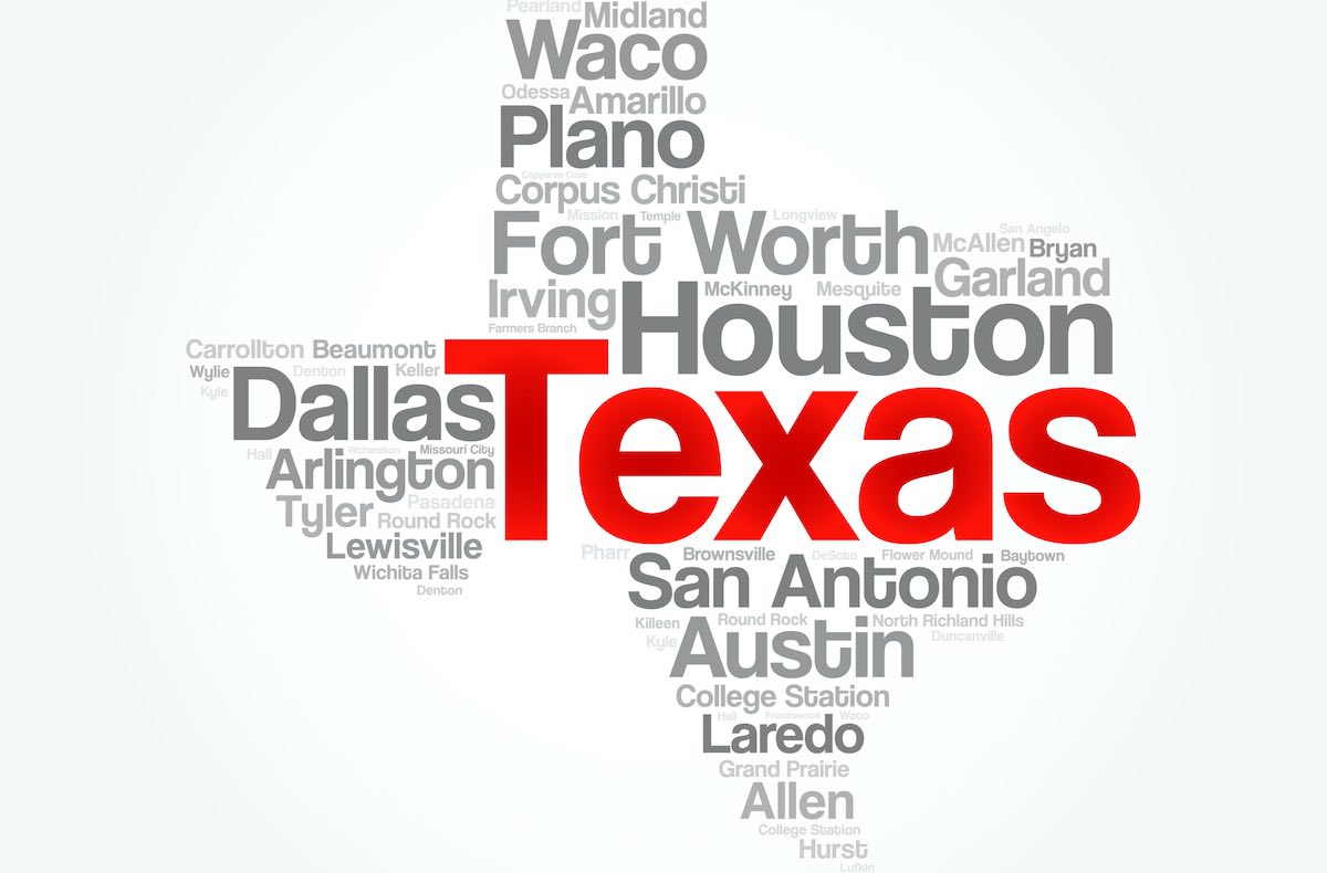 List of cities in Texas USA state word cloud